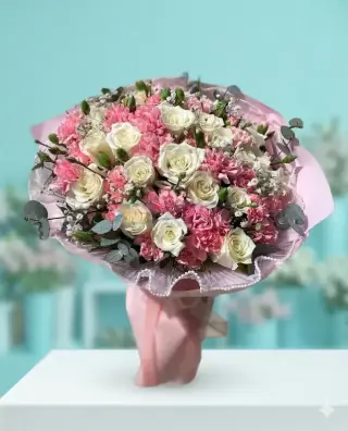 Pembe Karanfil Beyaz Gül Buketi