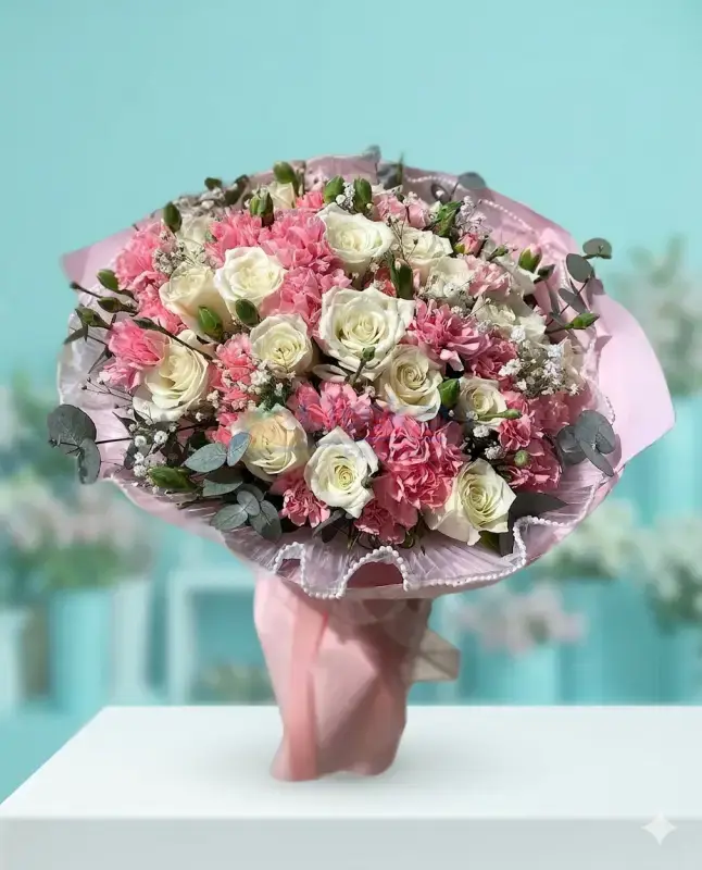 Pembe Karanfil Beyaz Gül Buketi