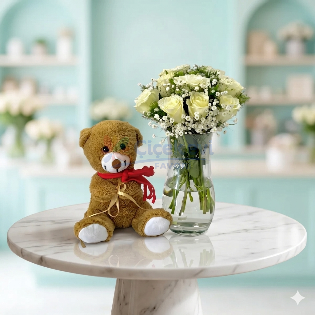 Peluş Ayıcıklı Beyaz Gül